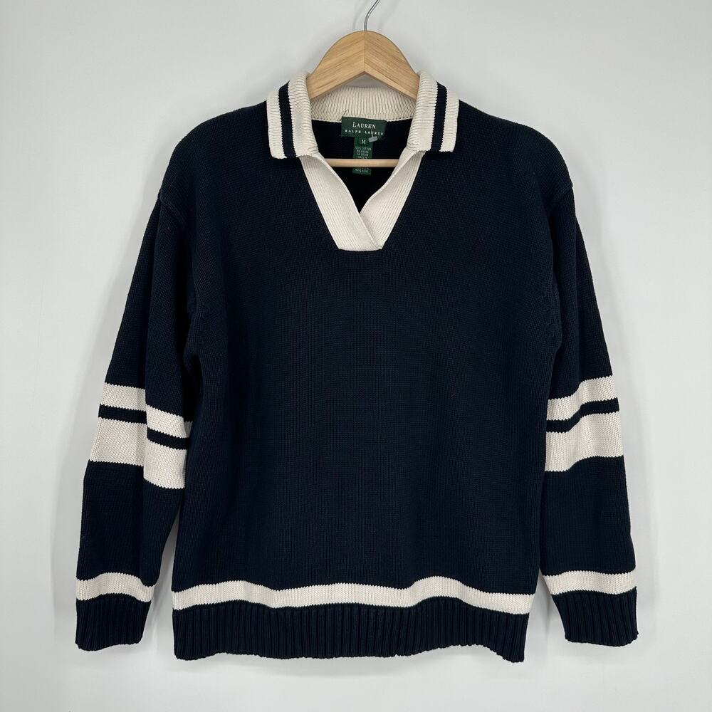 Ralph Lauren Navy and White V-Neck Rugby Sweater